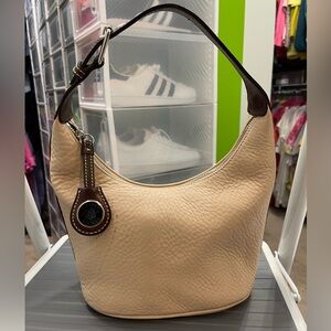 Vintage Dooney & Bourke, Cream/Brown Mini Pebble Grain Leather Bucket Handbag